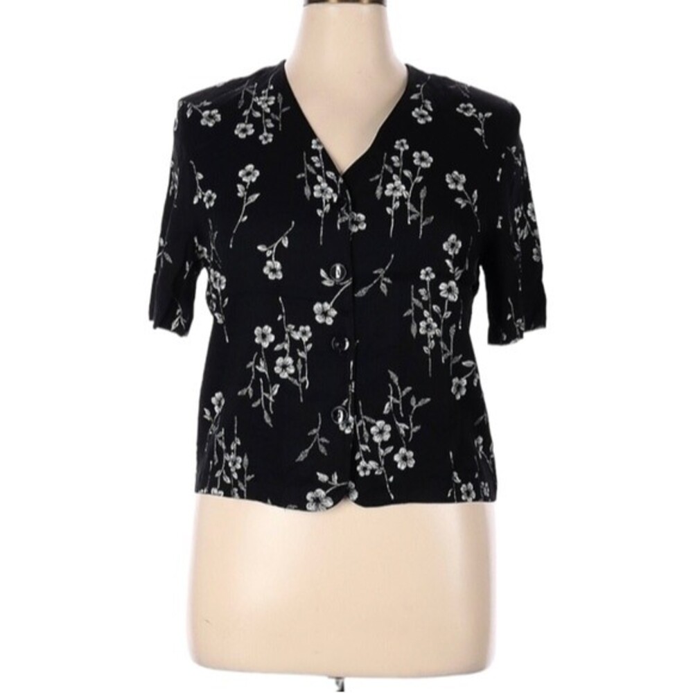 Vintage Briggs New York Short Sleeve Blouse Size 16 Black Floral Print V-Neck